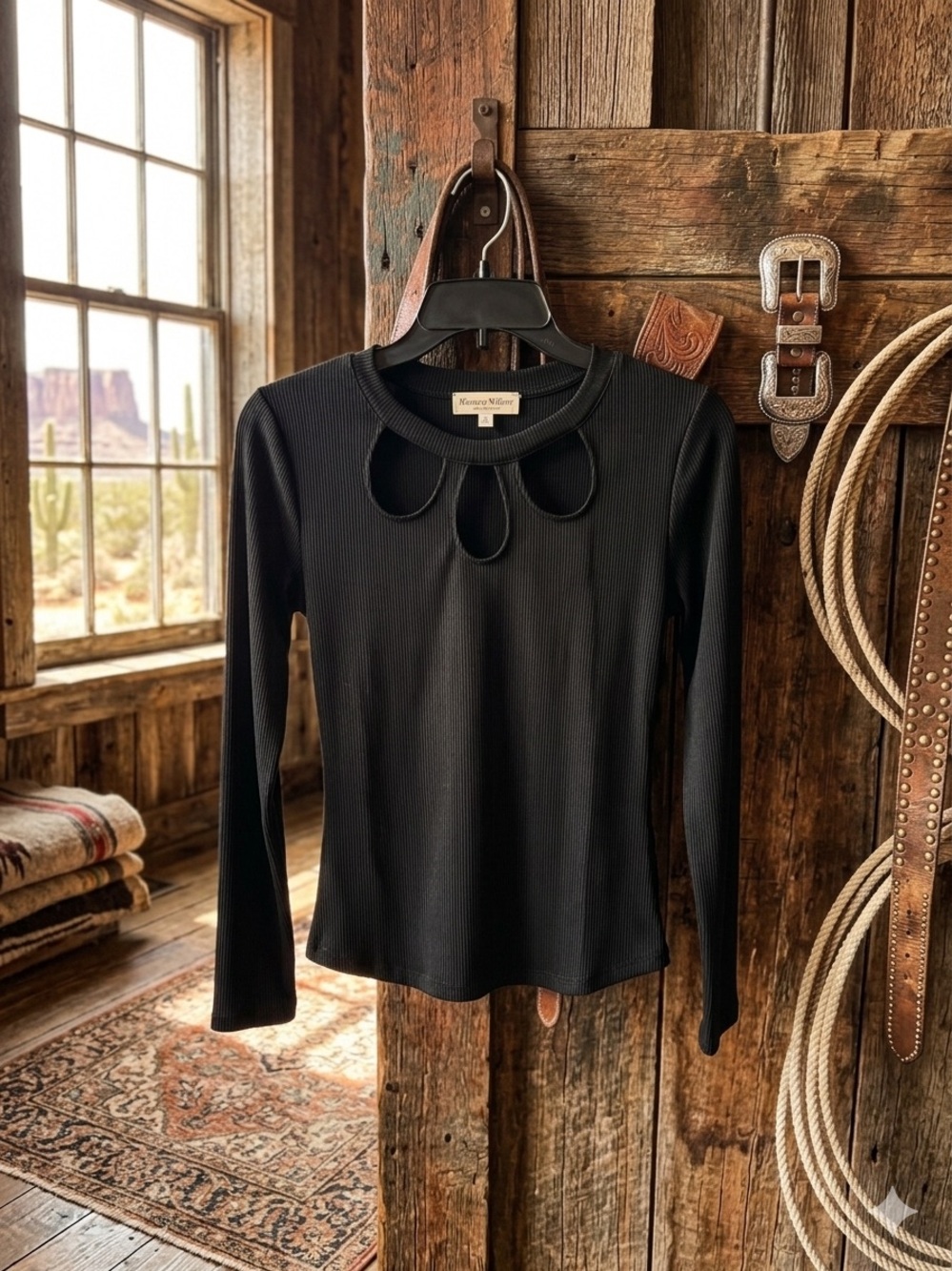 Kenny & Kaye Black Long-Sleeve Ribbed Top with Teardrop Neckline